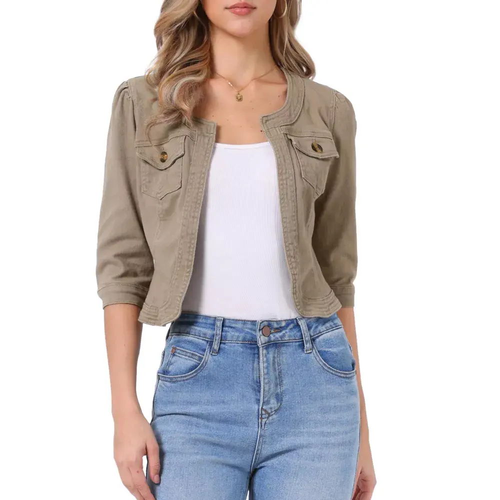 INSPIRE CHIC Women's Collarless Pockets 3/4 Sleeve Crop Denim Jackets