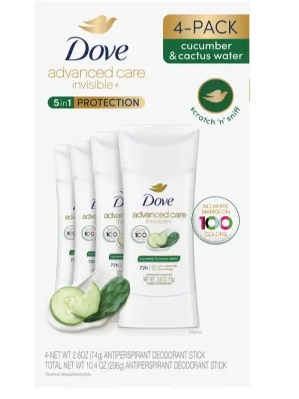 Dove Advanced Care Invisible+ Antiperspirant Deodorant Stick, 72-Hour Odor Protection, Kind to Skin, 2.6 oz, 4 Count Multi-Pack, Body Care Body Odor Remover Odor Removal Expert