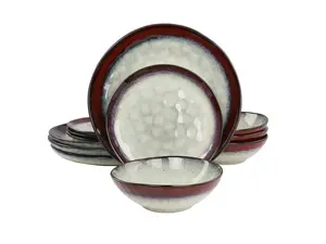 Elama Samara 12 Piece Stoneware Dinnerware Set in Red and Off White