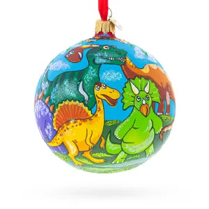 Dinosaurs in Jungles Blown Glass Ball Christmas Ornament 4 Inches