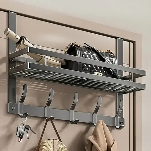 1pc Heavy-Duty Metal Wire Organizer Storage - No-Drill Universal Mount, Easy to Set Up 5-Hook Door Hanger for Entryways, Apartments, Clothes, Bags, Heavy Items, Home Decor