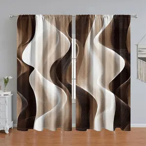 2Pcs Modern Abstract Wave Printed Curtain Panel, Elegant Brown Beige Gradient Design, Rod Pocket Style, Semi Sunshade, Suitable for Home Living Room, Bedroom, Balcony, Kitchen, Study and Shower Window Decoration, Accessory, Anti Privacy.