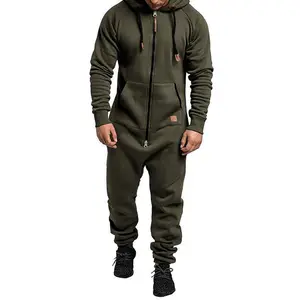 Mens Fleece Lined Hooded Jumpsuit Full Zip Onesie Rompers  Overalls Jogging Suit Tracksuit with Pockets