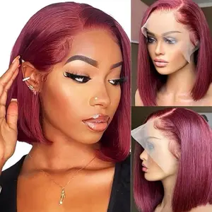 99j Burgundy Bob Wig Human Hair 13x6 HD Lace Front, 10 Inch