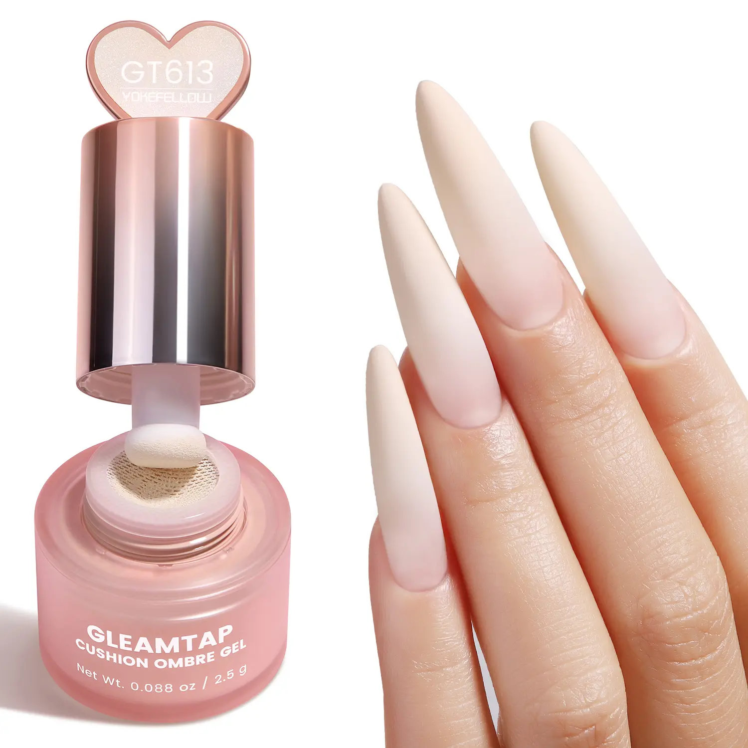 YOKEFELLOW GleamTap Cushion Ombre Painting Gel with Sponges - Nude Highly Pigmented No Wipe Gradient Patting Gel Polish for Ombre, Aura and Blend Nail Art ( GT613 )