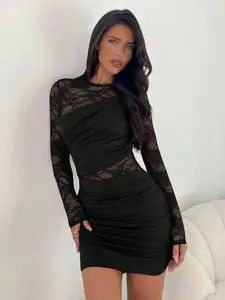 Long Sleeve Lace Patchwork Ruched Bodycon Dress, Sexy Boss Lady Style, Elegance, Party Night, Evening, Fashionable Women's Clothing