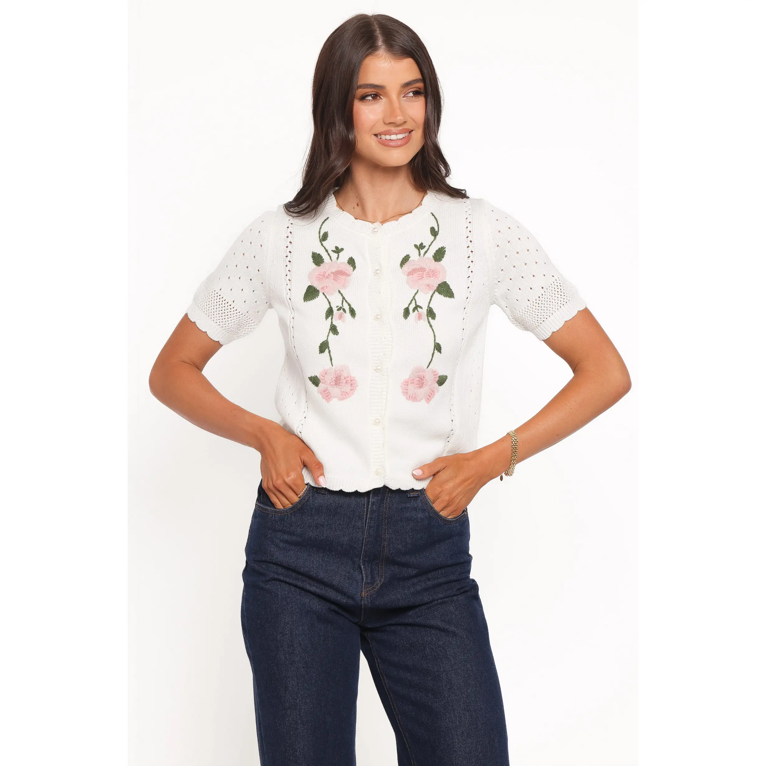 Rossi Floral Button Up Cardigan - White/Pink