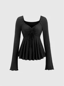 Elegant and special new style fashionable solid color women's autumn and winter warm Long Sleeve Fitted T-shirt Top Womenswear, with drawstring on the chest to make it look more elegant and slim