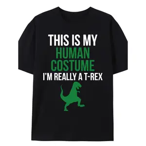 Funny T-Rex Dinosaur Costume Tee - "This Is My Human Costume I'M Really A T-Rex" Graphic Shirt - Black With Green Text - Adult Halloween Party Outfit - Soft Breathable Cotton Crew Neck Everyday Funny Dino Shirt - Birthday Gift For Men Women, Humorous Appa