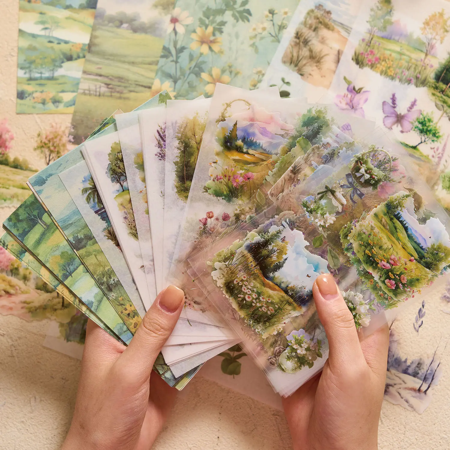 54 Pcs Pet Sticker Material Pack, Art Stickers + Paper Set, Floral Pattern Sticker, Vintage Landscape Handmade DIY Decoration Supplies, Craft Kit for Journaling, Decorative Stickers, Handmade Crafts