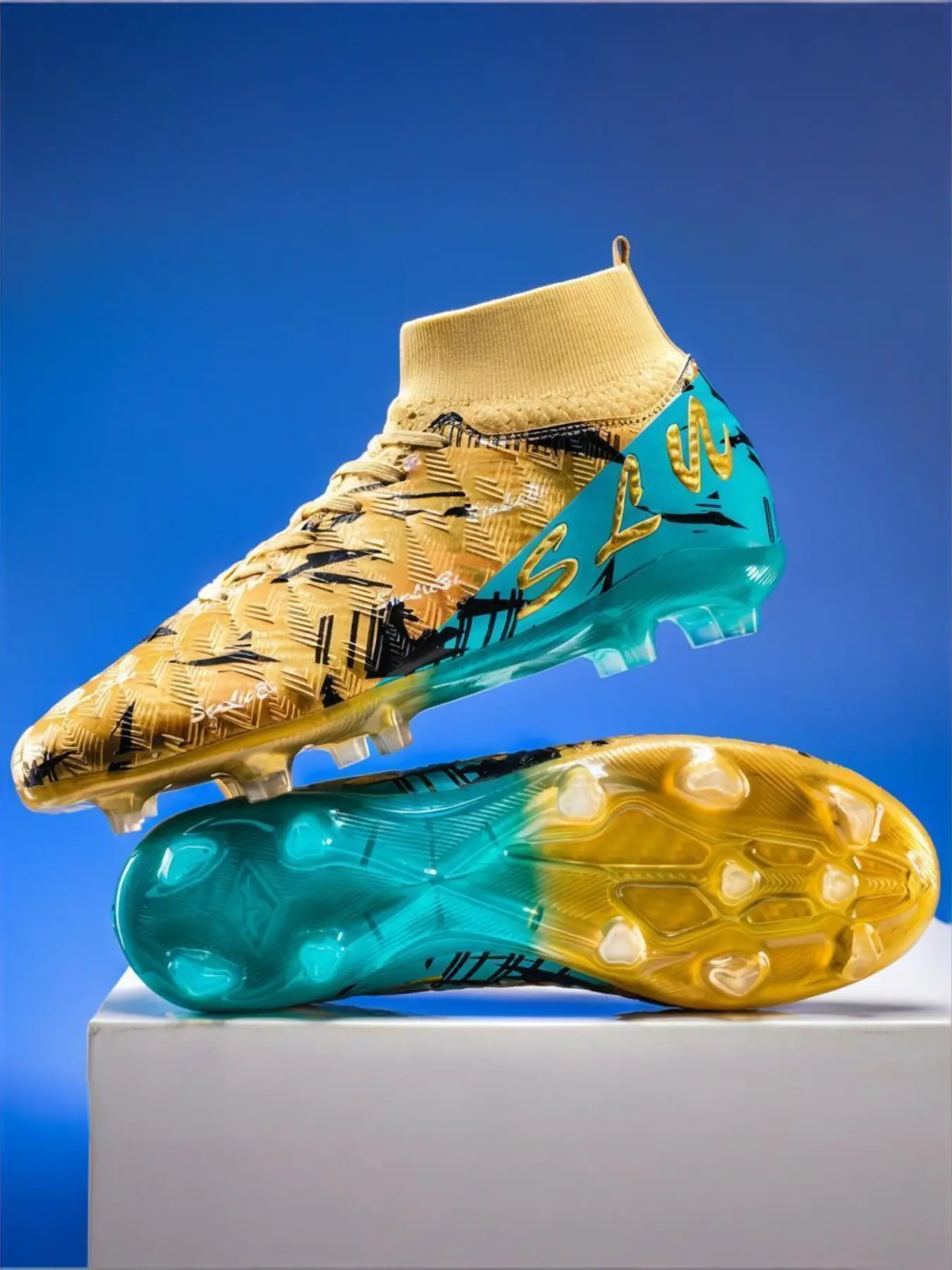 Unisex High-Top Ag Long Spike Soccer Shoes Football Cleats Football Boots, Textured Upper, Lacing Closure, Professional Outdoor Training, Anti-Slip Durable Design