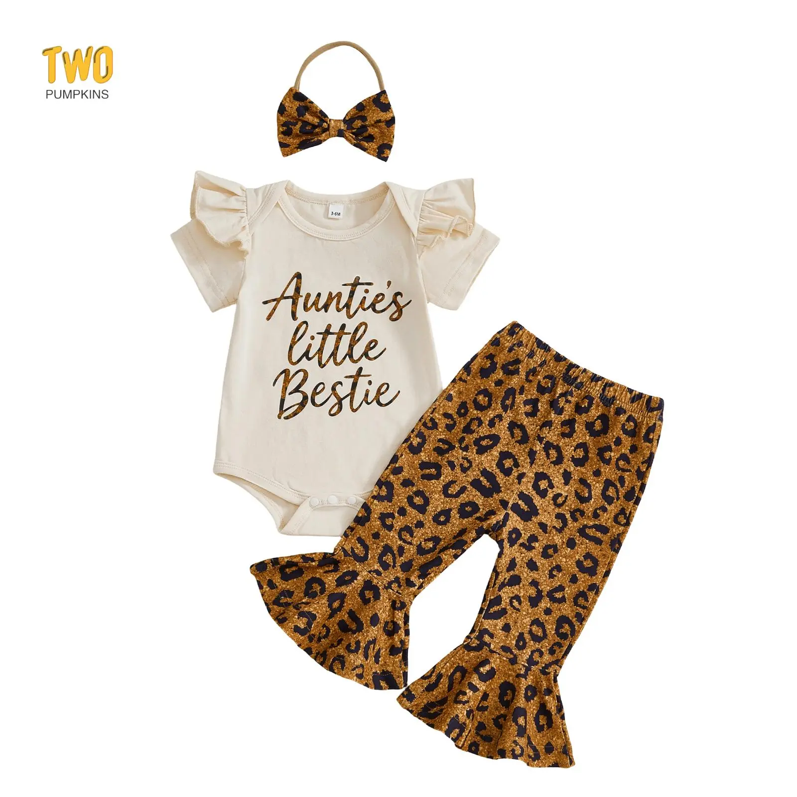 Girl Spring Outfits Letter Short Sleeve Romper with Leopard Pattern Flare Pants and Bow Headband 3 Pcs Set