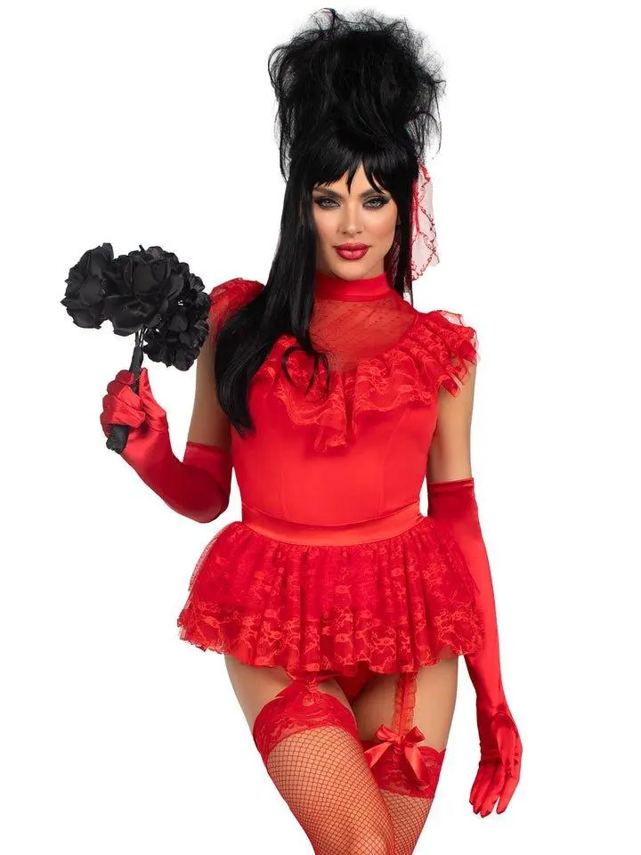 BeetleJuice-Inspired Costume - Red Lace Turtleneck Bodysuit with Attached Skirt, Matching Red Veil, Thigh-High Stockings & Satin Gloves for Halloween Parties