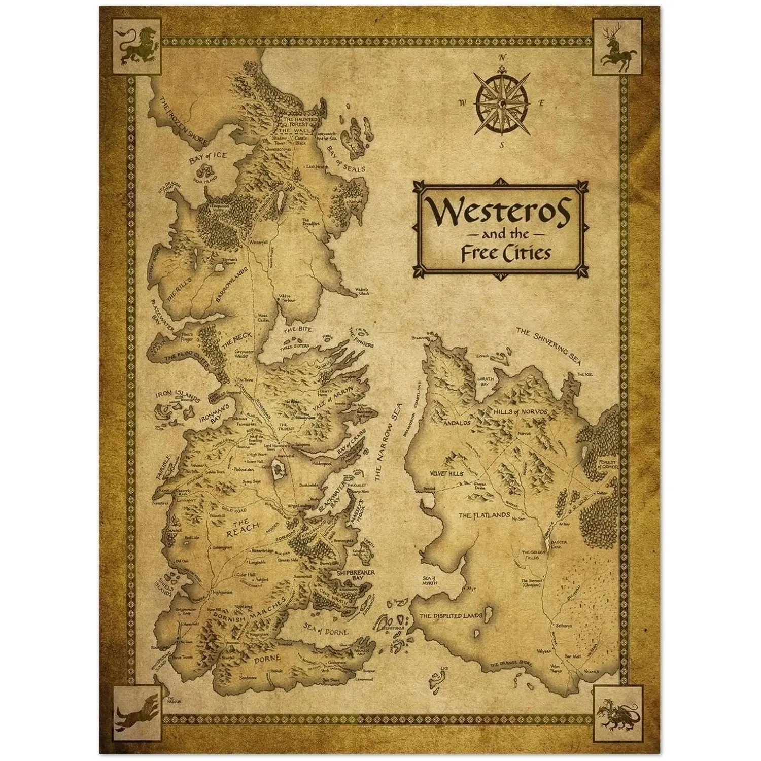 Westeros and the Free Cities Fantasy Map Poster Wall Art Print