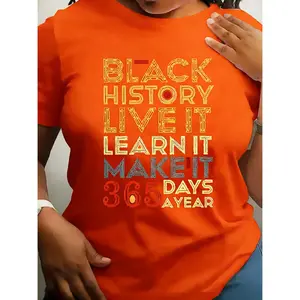 100% Cotton Women's Casual T-Shirt, Black History 365 Print Celebrating the Eternal Value and Important Years of BHM with Date Pattern Design, Cultural Celebration Clothing, Statement Shirt, Cultural Enthusiast