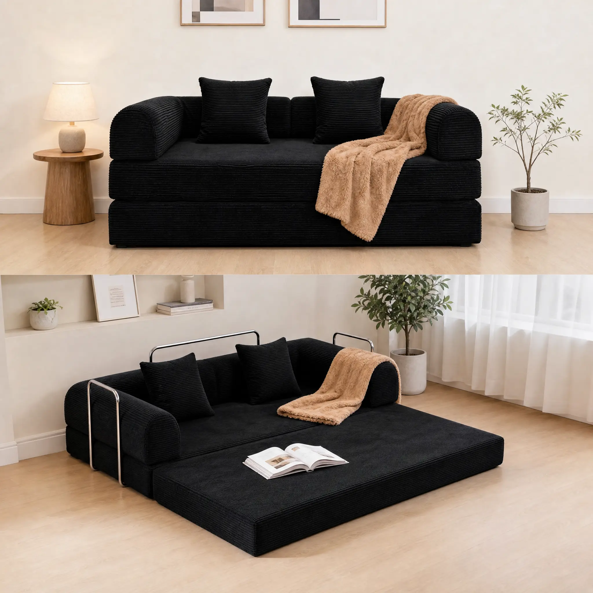 5-in-1 Convertible Corduroy Cloud Sofa Bed, Vacuum Compressed Sofa in a Box, Fold Out Floor Sleeper Couch, Portable Lounge Chair, No Assembly Required, Multiple Sizes 31.5"/53"/59"/79"