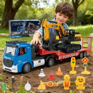 2.4GHz remote control flatbed truck with excavator toy, 1:24 semi-trailer engineering tractor, two-to-one inertia vehicle Interactive Puppy birthday gifts for kids budget rc