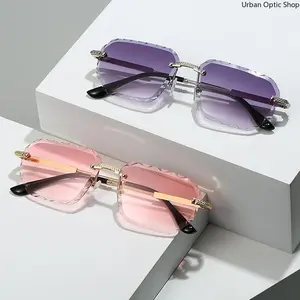 2 Pack Trendy Rimless Square Metal Sunglasses for Men Women, Fashion Luxury UV400 Protective Eyewear for Beach Travel Outdoor Daily Wear