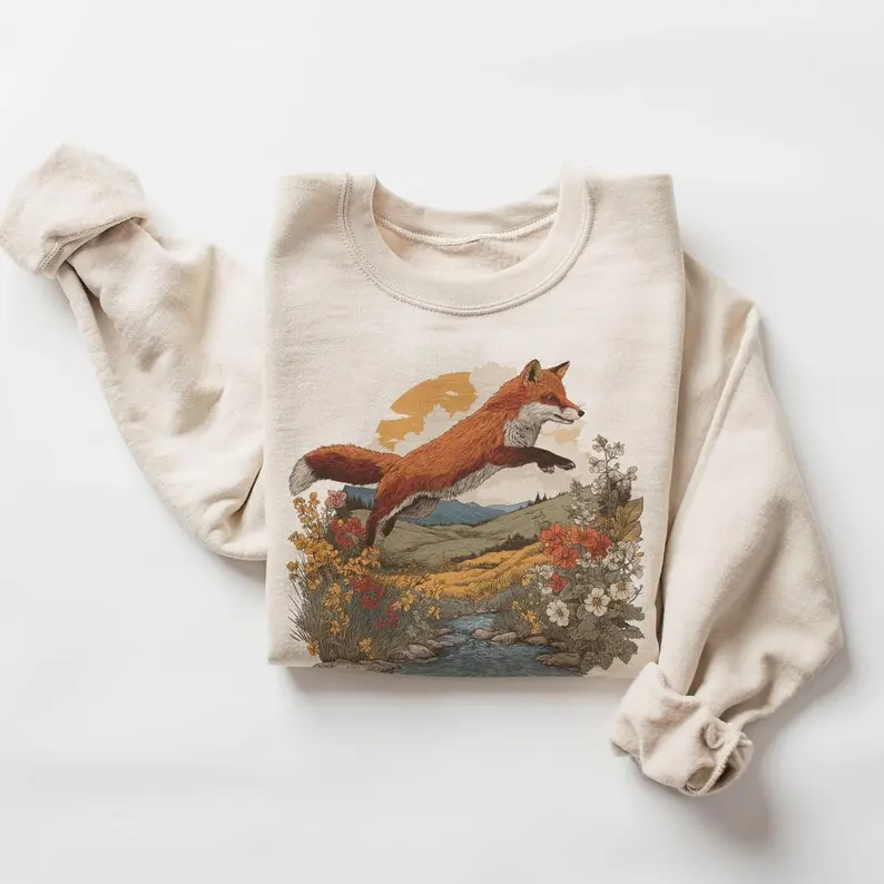 Vintage (Phuhi) Red Fox Jumping Summer Wildflower Scene Sweatshirt - 90s Cute Foxes Nature Outfit - Wildlife Lover - Boho Unisex Adult and Youth T-shirt