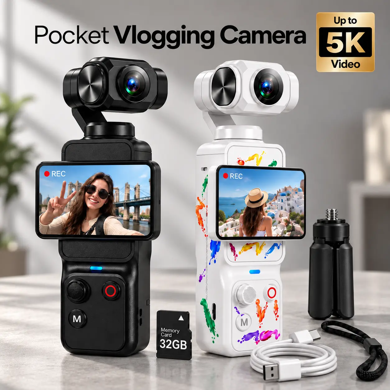 Q17 Handheld Gimbal Digital Camera for Beginners, 5K 30fps Video, Face Tracking, 2-Axis Stabilizer, 2.29" Rotating Touchscreen, WiFi Portable Vlogging Camera for Teens, Creators, Travel & Holiday Gifts
