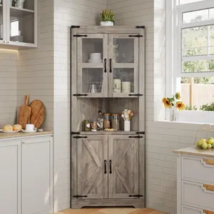 OP-Garvee 67" Tall Corner storage cabinet with Lights - Wooden Farmhouse Corner Hutch Display Cabinet with Glass Doors, Sturdy materialLarge capacityfor Kitchen, Living Room, Bathroom Vanity Set Mirror dining table sand coffee