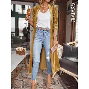 Women’s solid-color long coat with a shawl collar and velvet fabric, featuring pockets and a long cut; casual long-sleeve cardigan jacket suitable for spring and autumn; women’s everyday wear clothing