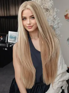 26 Inch Long Straight Blonde Wigs for Women, Gorgeous Fluffy Wigs with Curtain Bangs, Synthetic Full Machine Wigs for Party, Daily Use