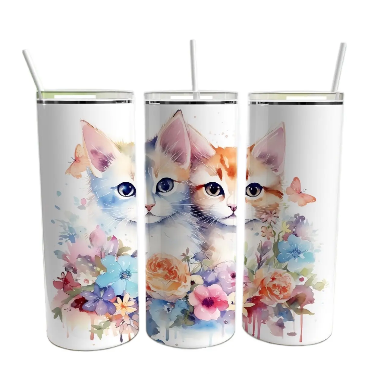30 oz Tumbler with Flowers & Kittens with personalized name