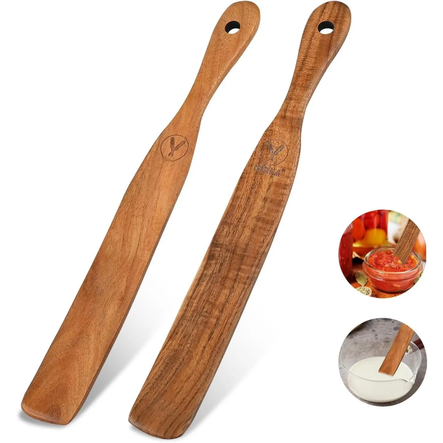 Wooden Slim Spurtle Kitchen Utensils - 2 PCS 11 in Hardwood Non-Stick Cooking Tools, Easy-Clean for Sourdough Starter Mixing & Jar Scraping, Ideal for Gifting