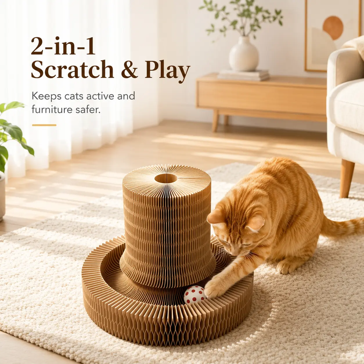 Accordion Fold Cardboard Scratch Pad - 2-in-1 Interactive Ball Toy for Indoor Cats, Pet Supplies, Dog & Cat Furniture, Feline Entertainment