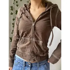 Women Cropped Zip Up Hoodies Y2k Vintage Personalized Sewing Thread Long Sleeve Zipper Slim Fit Hooded Sweatshirt With Pockets Teen Girl 90s Casual Jacket Outerwear Fabric Womenswear Polyester Tops Pullover Basic Brown Minimalist