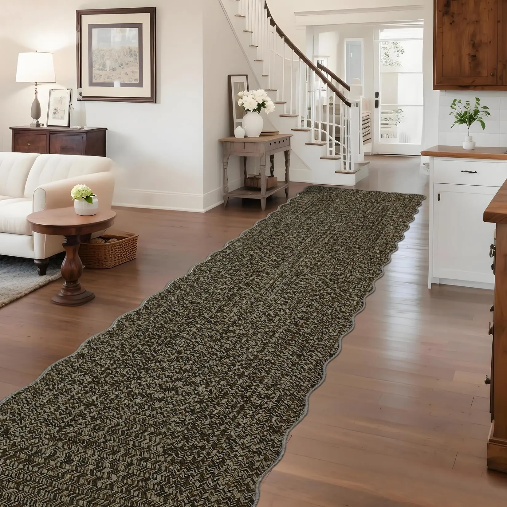 Neutral Washable Runner Rug 2x10 Scalloped Farmhouse Runner Non Slip Kitchen Rug Low Pile Non Shedding Rugs, Soft Solid Rugs Foldable Mat for Hallway Entryway Bedside, Brown