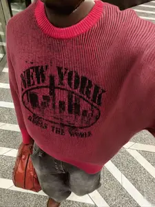 Unisex Knitted Pullover Sweater, Knitwear, Spring Autumn Winter Long Sleeve Round Neck Drop Shoulder, City Print Letter Pattern