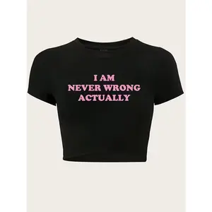 Letter Print Crop Slim T-Shirt, Y2K Short Sleeve T-Shirt For Spring & Summer, Women's Clothing