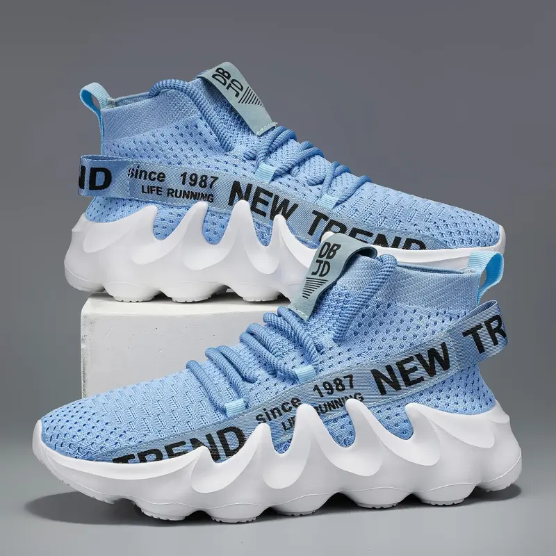 Men's High-Top Sneakers with Letter Print - Breathable Fabric & EVA Cushioning, All-Season Gym Running Walking Shoes for Casual Wear, Trendy Sportswear, Comfortable Fit, Flexible Footwear, Breathable Mesh Sneakers