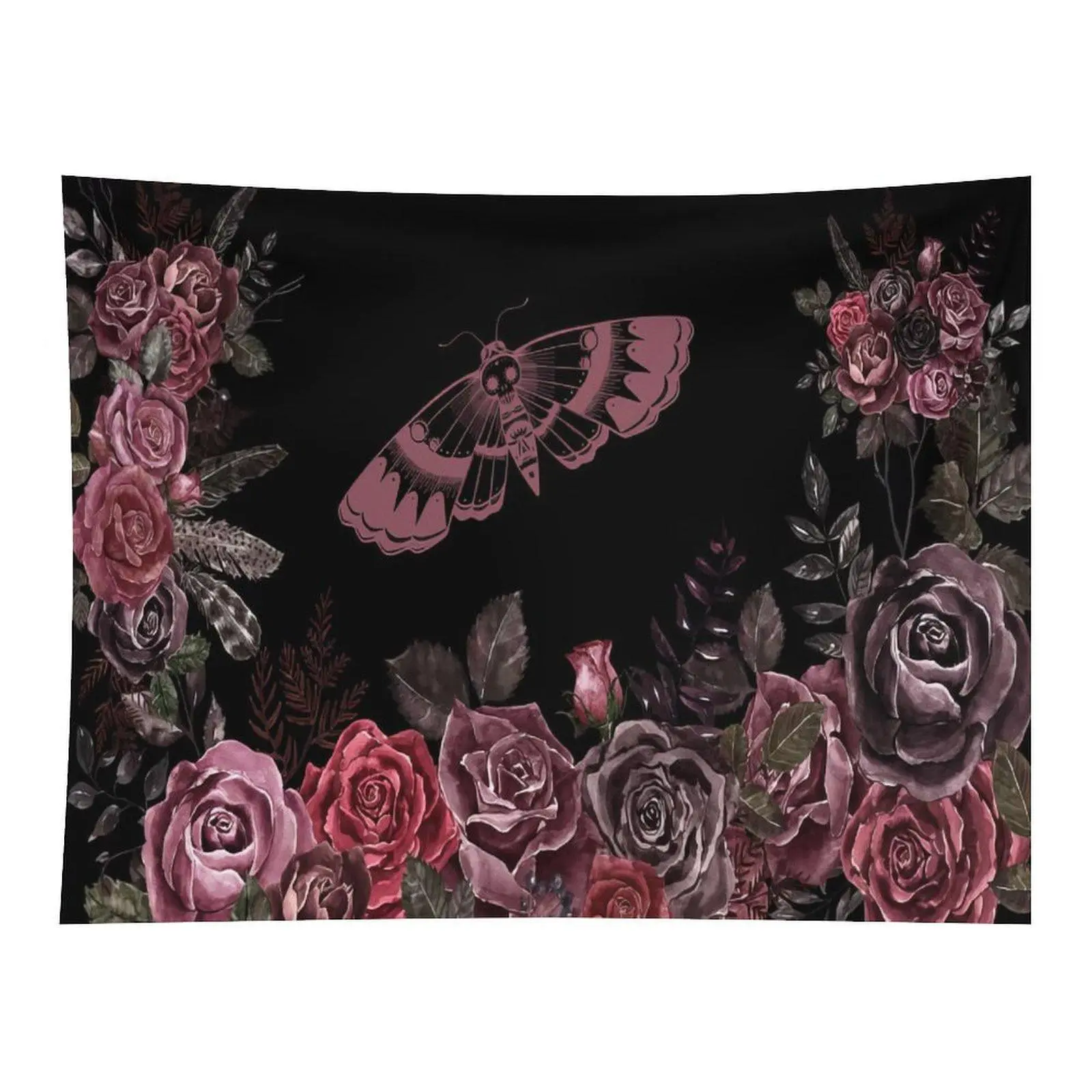 Gothic Witchy Fabric Tapestry - Dark Gothic Rose & Death Moth Design, Burgundy Floral Wreath, Black Background, Mystical Wall Art for Room Decor, Rectangular Home Decor Accent, Wall Decor
