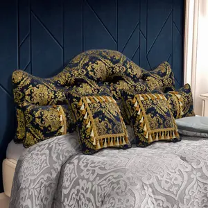RoyalFloral Pillow Comfort Set - 3-Piece Queen Size with Tufted Headrest, Lumbar Support, and Gold Embroidered Throw Pillows in Deep Blue