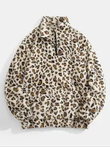 Men's Leopard Print Pocket Half Zip Plush Sweatshirt Loose Casual Long Sleeve Drop Shoulder Fuzzy Pullover Winter Clothes Daily Wear Casual Sweatshirts 2026 Breathable Soft Warm Cozy Lightweight Trendy Home Outdoor Streetwear Hip Hop