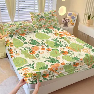 Cute Vegetable Print Fitted Sheet Set, 1 Fitted Sheet + 2 Pillowcases, Carrot Tomato Cabbage Pattern Bedding, Soft Microfiber Bed Linen for Foodies, All Season Bedroom Decor