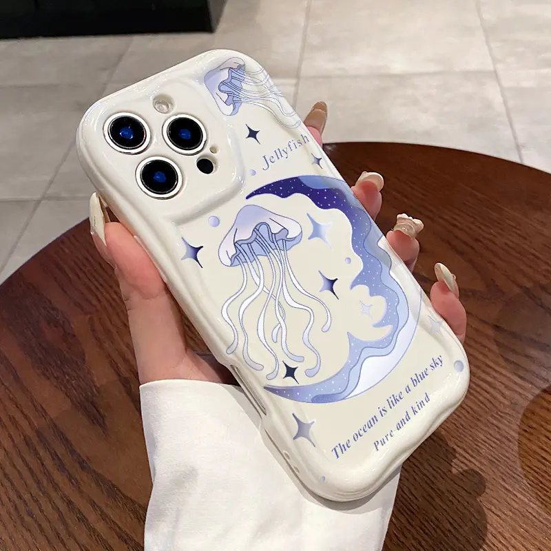 Soft Silicone Smartphone Case for iPhone 16 Pro Max,15 Plus,14,13,12,11,XR,XS - Cream Purple Jellyfish Moon Pattern, Curly Wave Frame, Full Body Shockproof Protection, Handheld Devices Button Accessory, Accessories
