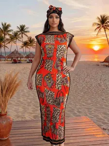Women's Leopard Print Shawl Set, Casual Slim-Fitting Long Dress Cover-Up & Scarf, Beach Sun Protection Wrap, Beach Cover Ups, All Seasons Fashion