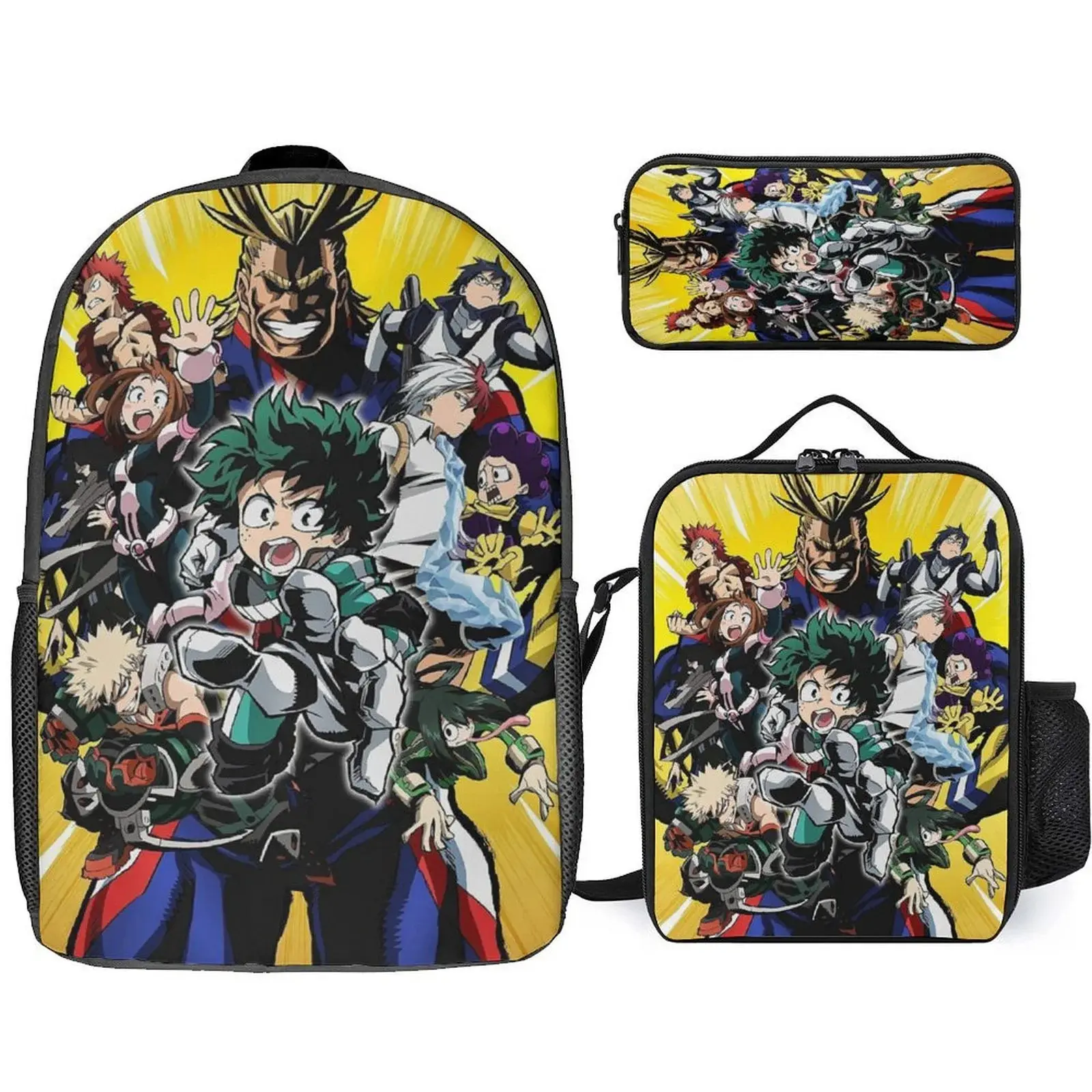 Hero-Academia Izuku Midoriya 3 Piece Backpack Set with Lunch Bag Pencil Case , High Capacity Bookbag with Lunch Box Pen Box Workplace Travel