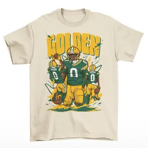 Matthew Golden Cartoon Style Green Bay Football T-Shirt - Men’s Adult Sizes, 100% cotton tee, unisex style
