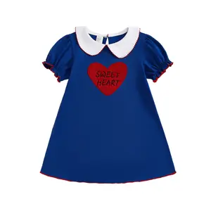 Toddler Girl's Valentine's Day Dress, Casual Cotton A-Line with Heart Embroidery and Peter Pan Collar