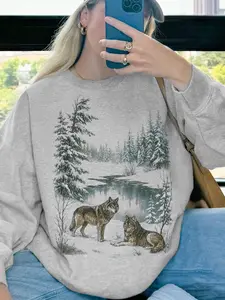 1 Women's Cozy Pullover, Nature-Inspired Snowy Woods & Wolf Print, Relaxed Fit, Autumn/Winter Casual Top