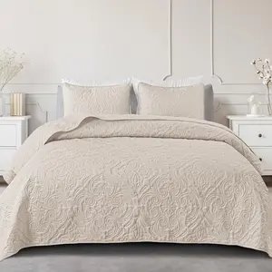 Queen Size Bedding Set with 2 Pillow Shams, Lightweight Brich Beige Full Queen Bedspread with Vintage Damask Pattern, Soft Bedspreads Coverlets for All