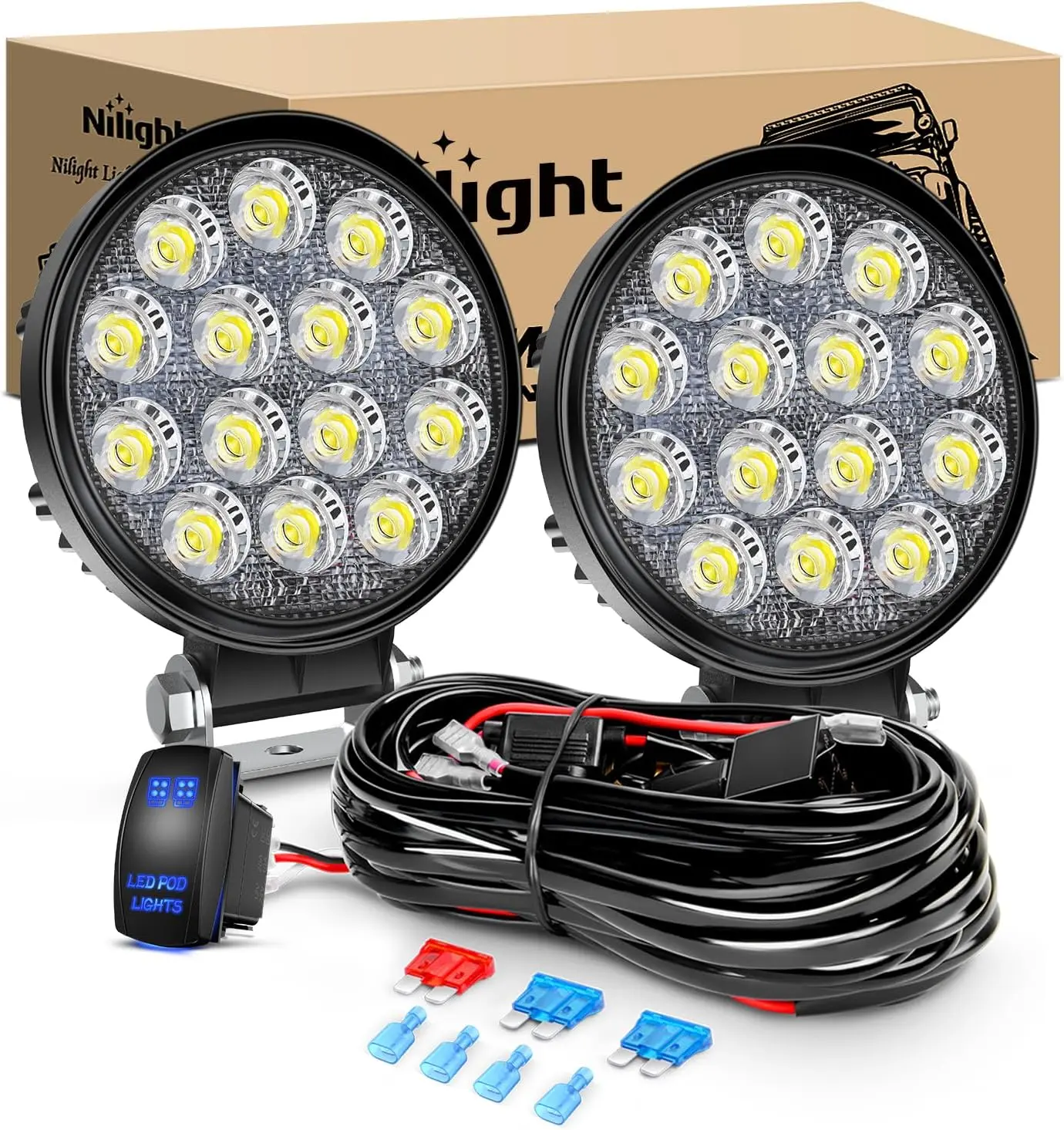 Nilight 2Pcs 4.5Inch Round LED Pods - 42W Power 4200LM Flood Work Light,  12V Compatible Off-Road Automotive Fog Light, 5Pin Rocker Switch Wiring  Harness Kit with 2 Leads, Led Work Light -