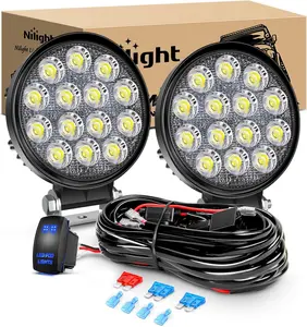 Nilight 2Pcs 4.5Inch LED Pods 42W 4200LM Round Flood Light Off Road Lights Fog Lights 12V 5Pin Rocker Switch Wiring Harness Kit-2 Leads Super Bright light pod offroad lights Automotive  dealsforyoudays