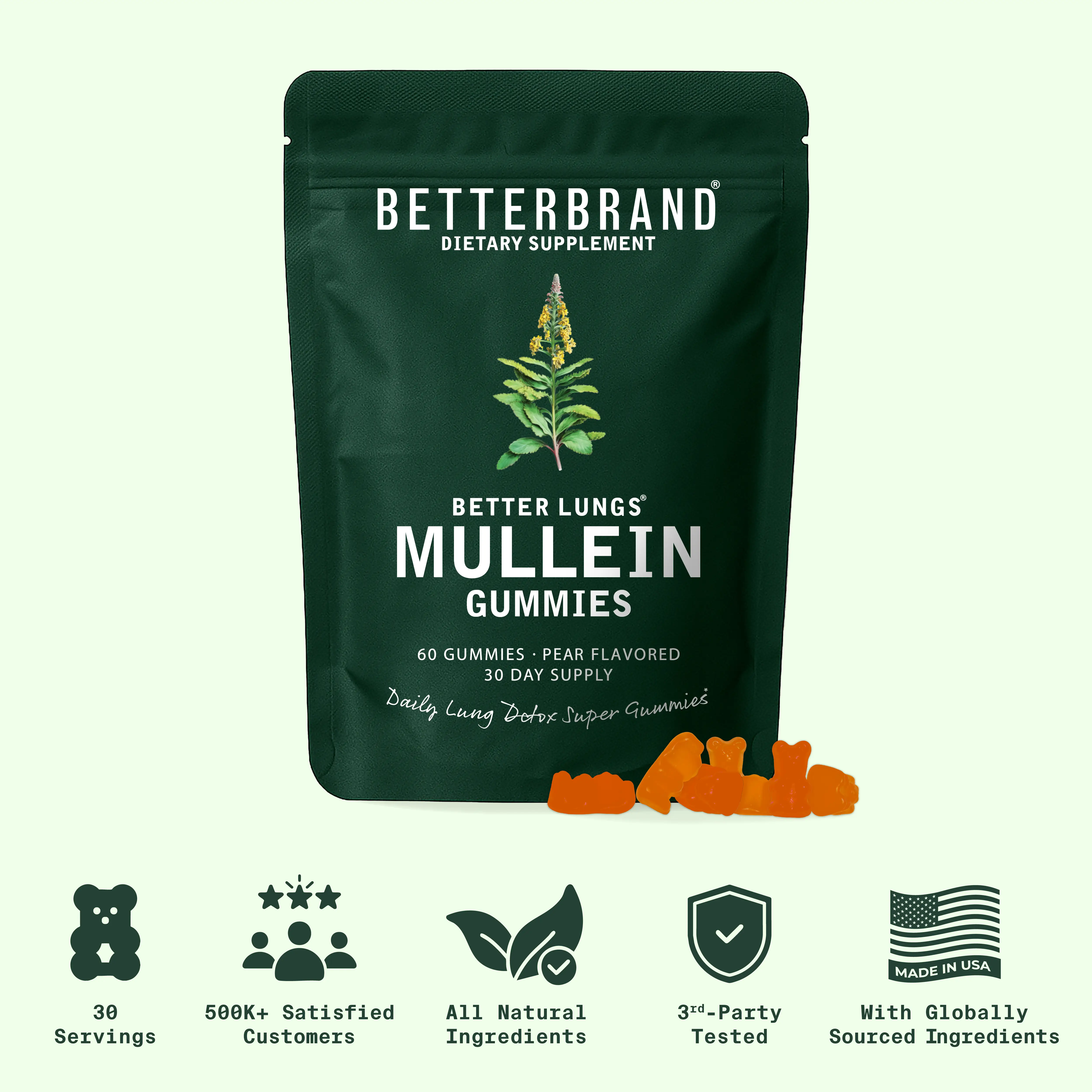BetterLungs Mullein Lung Detox Gummies for Respiratory Health & Mucus Cleanse - 60 Pear Flavored Chewable Gummies - 30 Servings - Dietary Supplement -