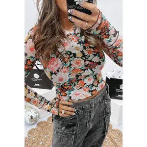 Orange Floral Mesh Slim Long Sleeve Crop Top